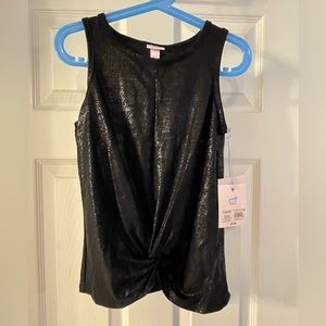 More than Magic black tank top with twist bottom front. Size 6X